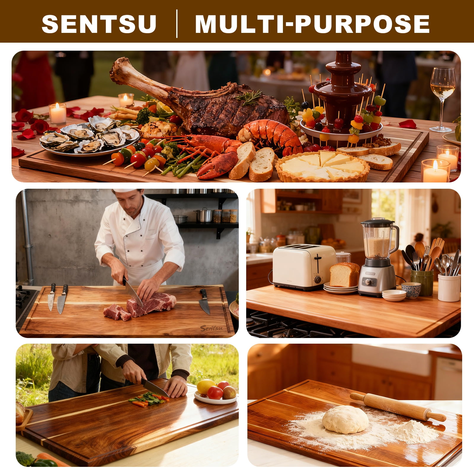 Sentsu 36x24 Extra Large Acacia Wood Cutting Boards with Juice Groove and Handles, 5XL Stove Top Cover Thick Heavy Duty Pre-Oiled