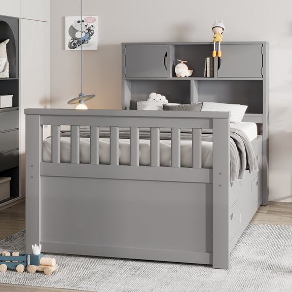 Twin Size Captain Platform Bed Frame with Storage Bookcases and Shelves,Four Drawers,Gray
