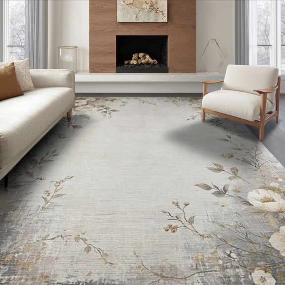 ODIKA 8'x10' Washable Area Rug Non-Shedding, Easy Care, Large Grey Vintage Boho Faded Botanical Scroll Distressed Scrollwork for King Size Bedroom Under Bed, Master Suite