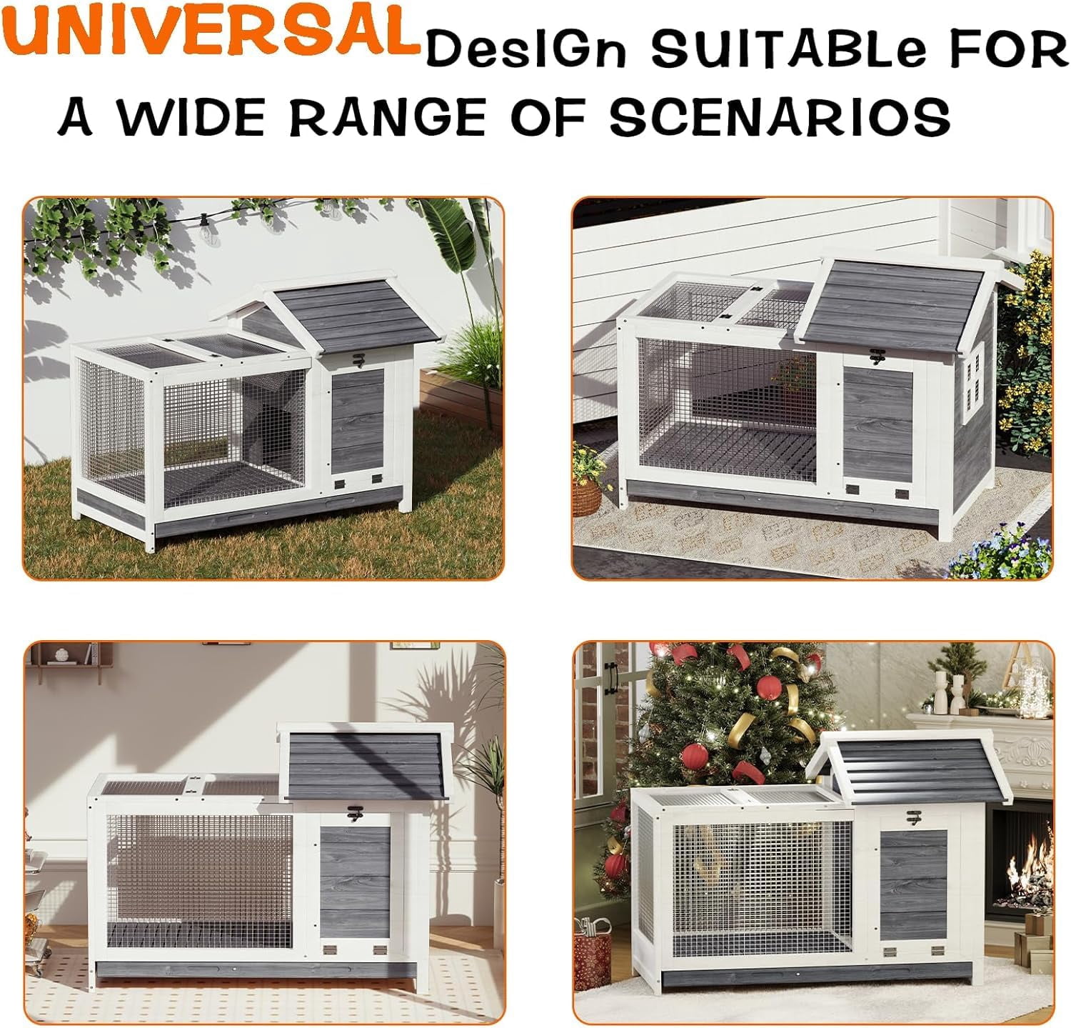 2-Story Wooden Rabbit Hutch, Weatherproof Small Animal Cage with 4 Doors, Pull-Out Tray & Ramp for Indoor/Outdoor Use