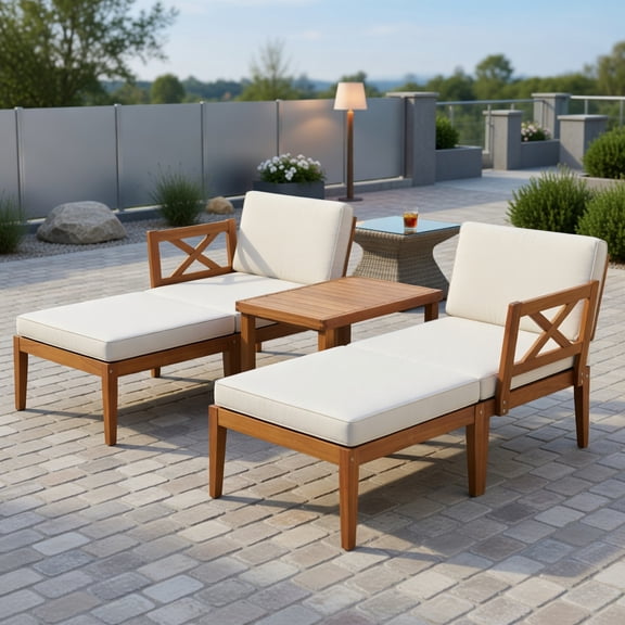 Topcobe 5 Pieces Acacia Wood Patio Chaise Lounge Chair Set with Ottoman and Cushions, Outdoor Patio Furniture for Garden Backyard Pool Deck-White