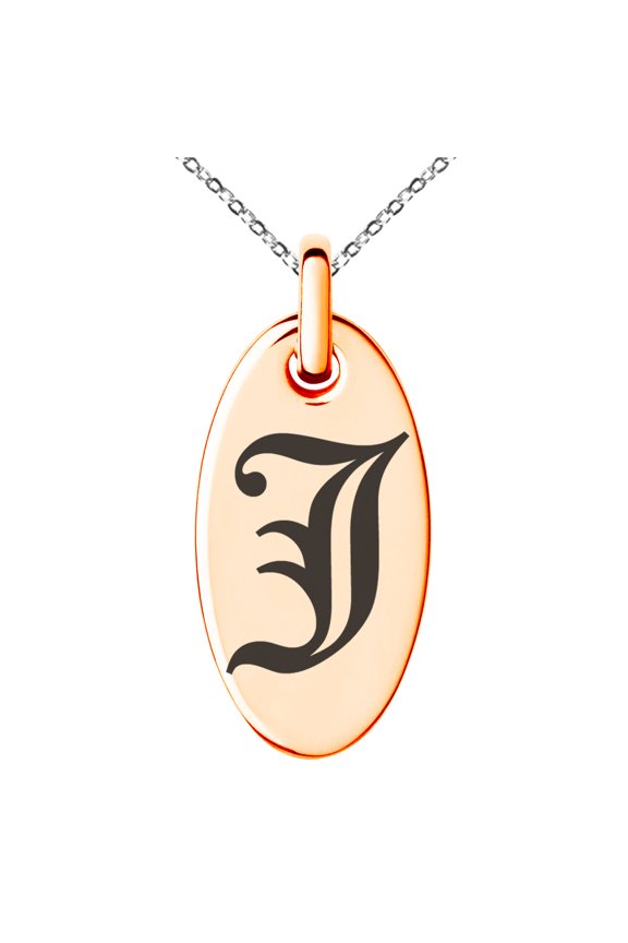 Stainless Steel Letter J Initial Old English Monogram Engraved Small Oval Charm Pendant Necklace