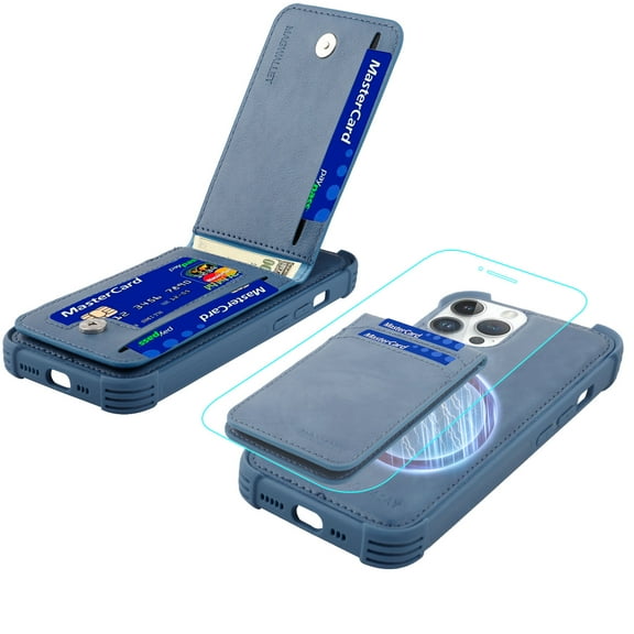 MONASAY Magwallet Case Fit iPhone 13 Pro, [Support MagSafe Wireless Charging][Glass Screen Protector]Flip Folio Magnetic Leather Wallet Phone Cover with Detachable RFID Blocking Card Holder