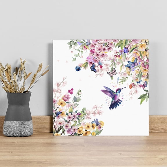 Botanical Flowers Wall Art Painting on Canvas, Watercolor Floral Bird Butterfly Canvas Art Home Prints Wall Art Framed Modern Artwork for Living Room Bedroom Wall Decor 8x8in