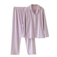 thumbnail image 2 of PNTUTB Womens Solid Color Lapel Button Front Long Sleeve Top and Elastic Waistband Pant Loose Comfort Pajamas Sets, 2 of 6