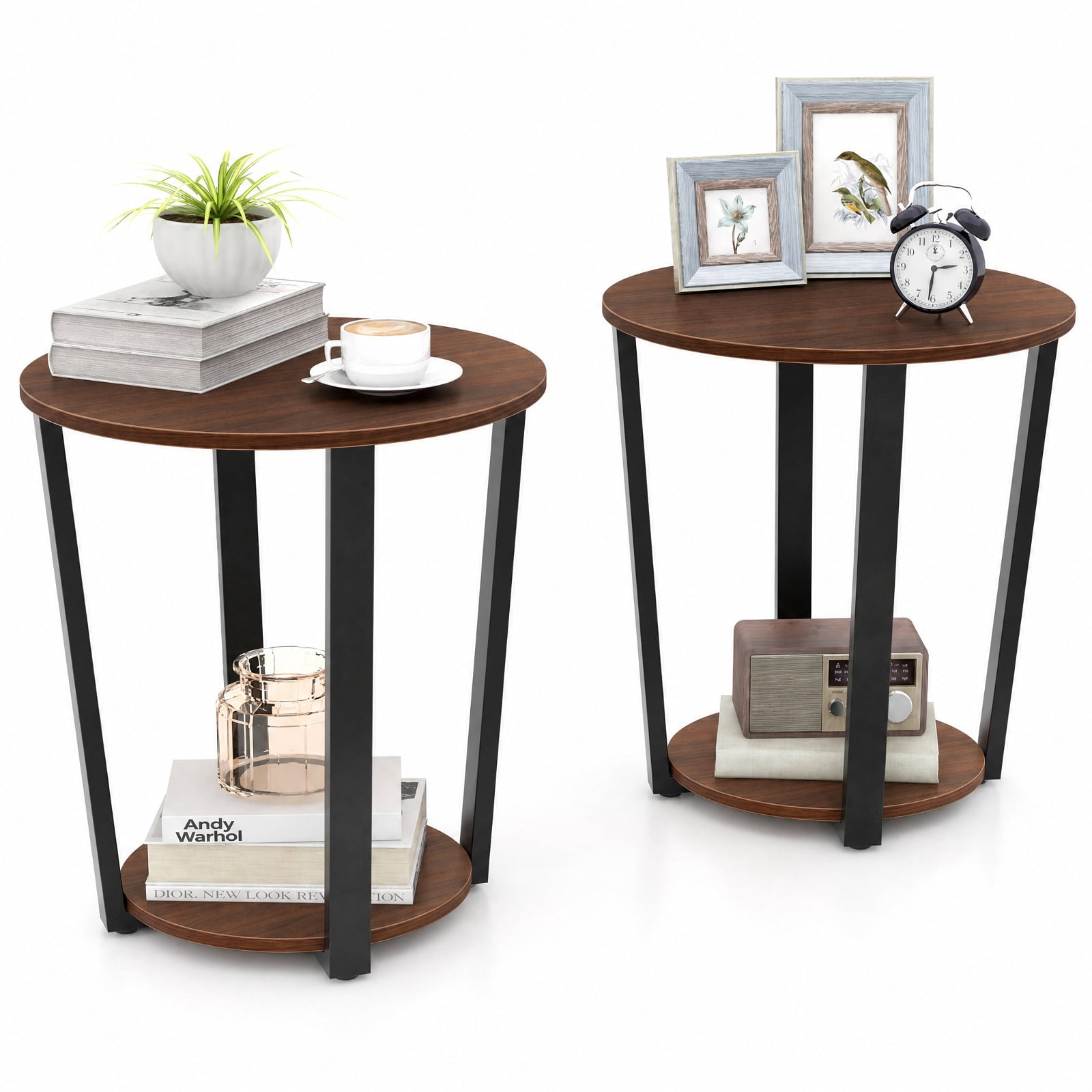 Furnibear Round End Table with Open Bottom Shelf and Reinforced Metal X Frame for Living Room Bedroom and Small Space Storage, Walnut