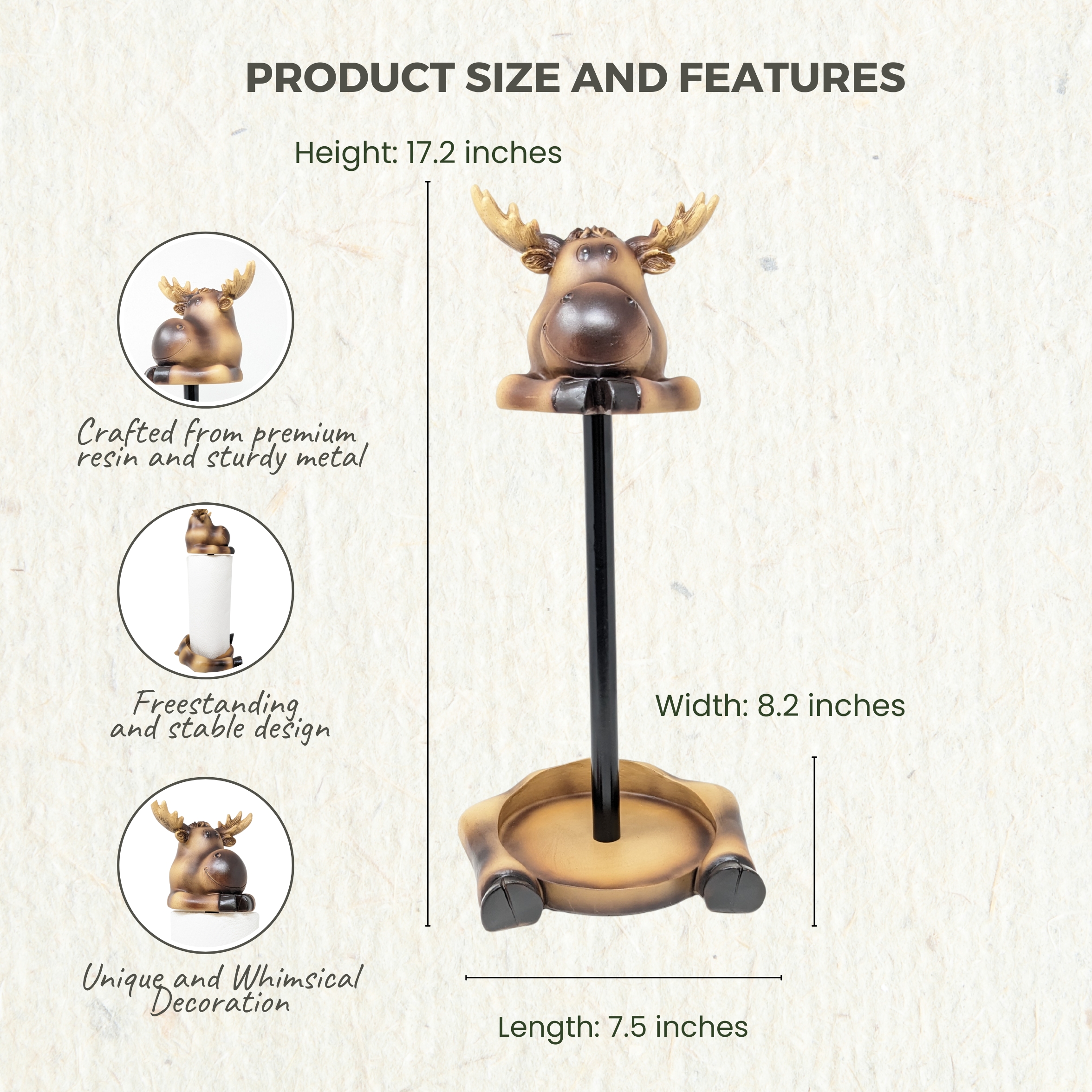 Moose Paper Towel Holder – Rustic Resin Freestanding Kitchen Countertop Paper Towel Stand – Lodge, Cabin, Farmhouse, or Woodland Decor – Funny Animal Kitchen Accessory & Moose Lover Gift Idea