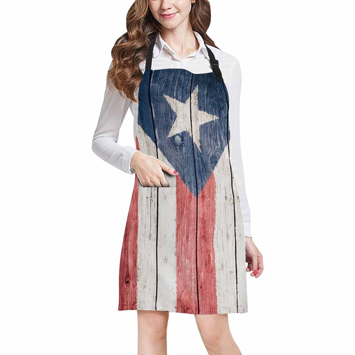 ASHLEIGH Puerto Rican Flag on Wood Background Adjustable Bib Apron with Pockets Commercial Restaurant and Home Kitchen Apron for Women Men