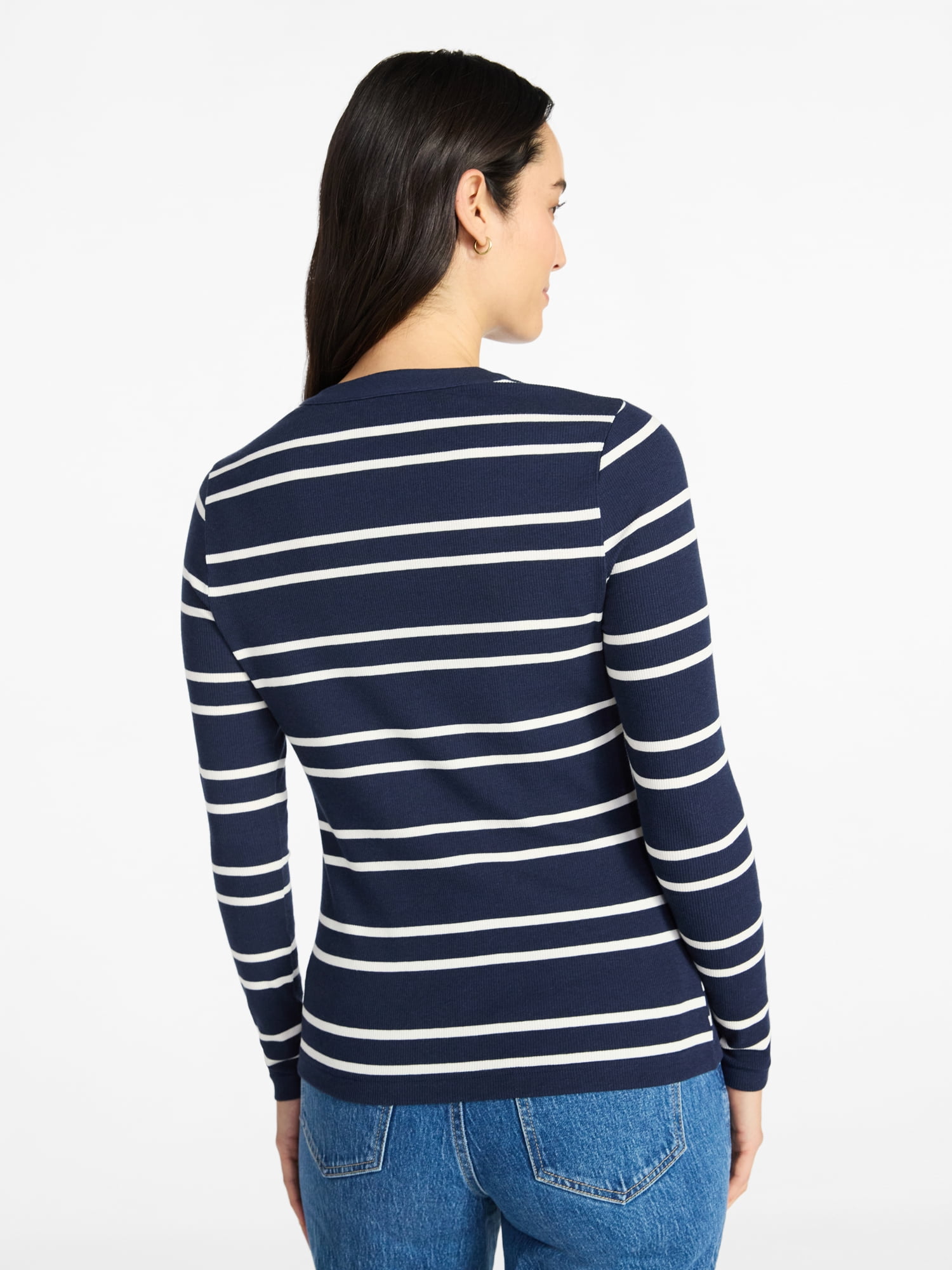 Time and Tru Women's Striped Henley with Long Sleeves, Sizes XS-XXXL