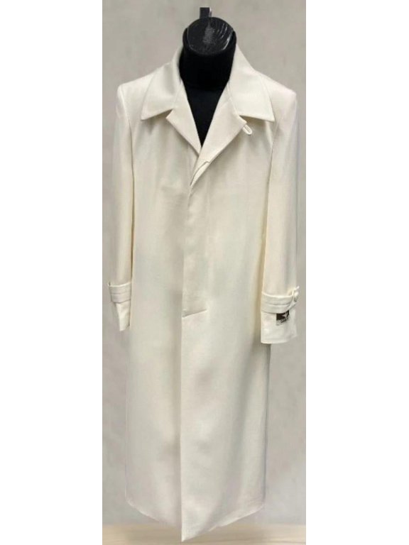 Mens Full Length 53 Inch Long Top Coat - Single Breasted - Microfiber Fabric Off White