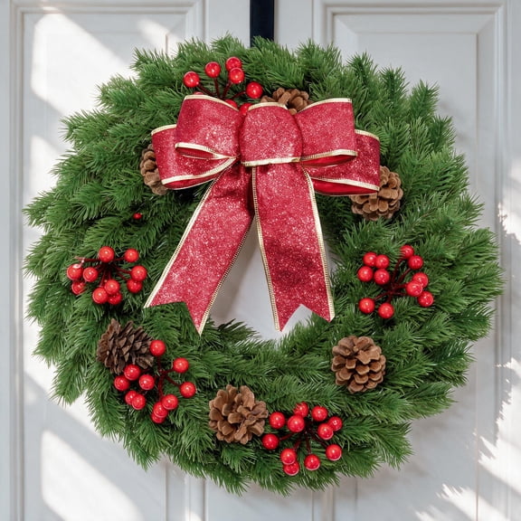 18-Inch Pre-Lit Christmas Wreath for Front Door, 40 LED Lights with Auto Timer, Metal Hanger, Battery-Operated Holiday Wreath with Bow, Pinecones and Berries for Window and Wall Decor