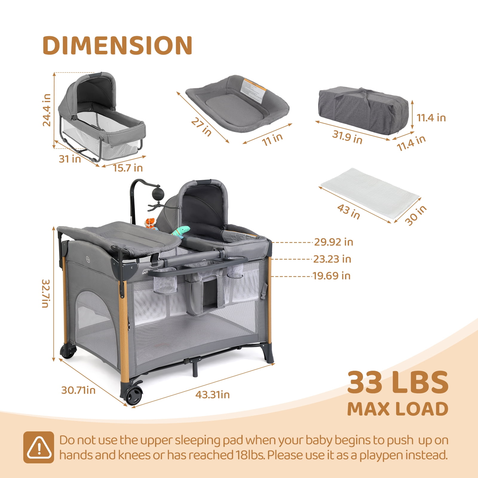 JOYMOR All in One Nursery Center,Bassinet with Changing Table,Mattress,Sheet,Unisex Infant