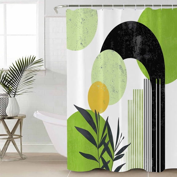 Boho Middle Century Shower Curtain Set, Waterproof Shower Curtains for Bathroom, Abstract Green Geometric Botanical Washable Fabric Cloth Bath Curtain for Bathtub Decoration with Hooks 60x72 Inches