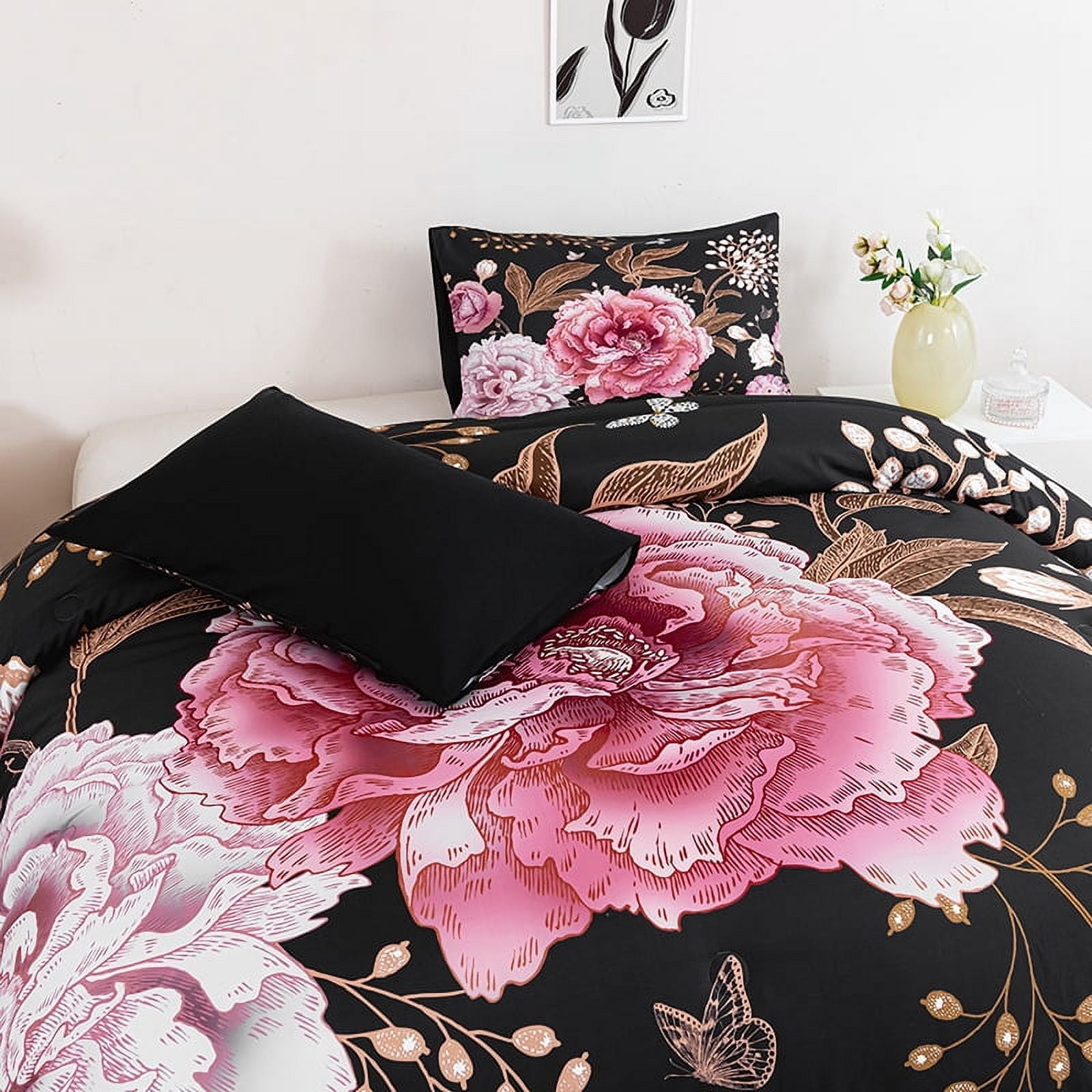 URBONUR 3 Pieces Black Pink King Size Bedding Set Floral Comforter Set Pink Flowers and Gold Butterfly Bed Set for Women Soft Botanical Bedding Comforter Set for All Season