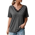 thumbnail image 1 of Camisa de manga corta con cuello en V de encaje para mujer, moda de verano, informal, adelgazante, blusa de manga corta de verano para mujer, gris oscuro XL, 1 of 8