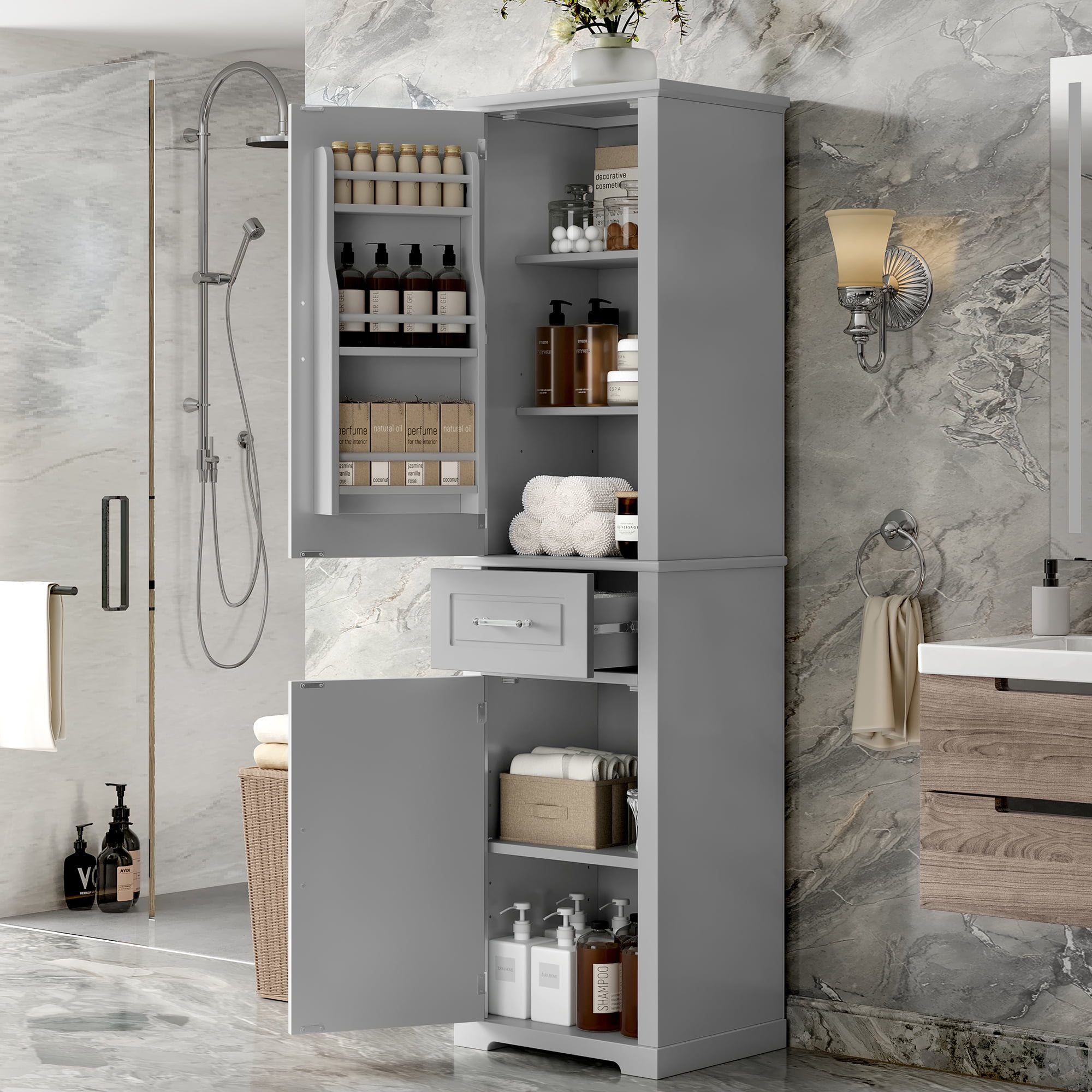 Euroco Tall Bathroom Storage Cabinet, Freestanding Storage Cabinet with Two Different Size Doors and Adjustable Shelf, Door Shelve Design, MDF Board with Painted Finish, Gray