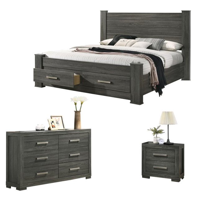 Weathered Gray Wood 3pc Bedroom Set with Queen Platform Storage Bed