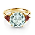 thumbnail image 2 of Gem Stone King 18K Yellow Gold Plated Silver Sky Blue Simulated Aquamarine and Red Garnet 3-Stone Ring for Women (7.78 Cttw, Round 12MM, Trillion 5MM, Size 5), 2 of 3