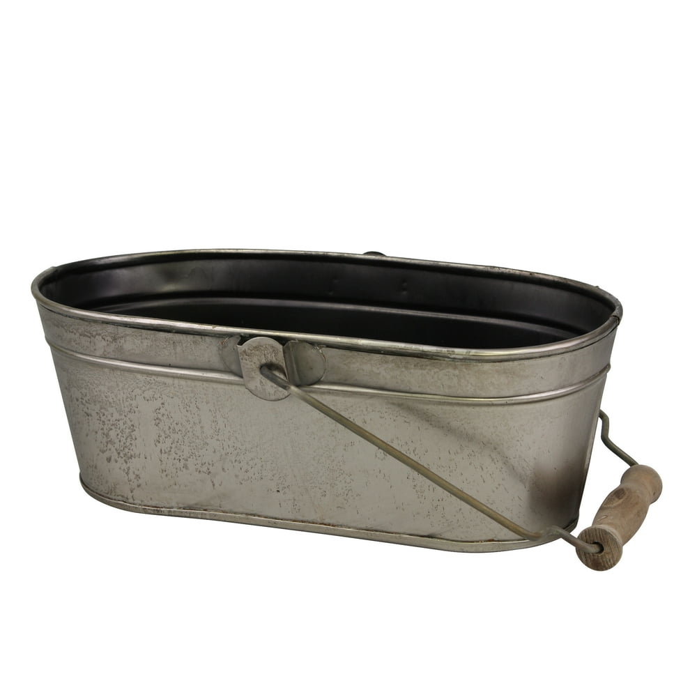 Oval Antique Silver Metal Bucket with Wooden Handle