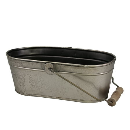 Oval Buckle - Oval Antique Silver Metal Bucket with Wooden Handle