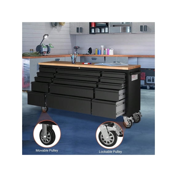 EastVita 15-Drawer Large Rolling Tool Chest 72 Inch Mobile Tool Storage Cabinet With Wheels And Wood Top Garage Tool Box Organizer With Anti-Slip Liner For Warehouse Workshop