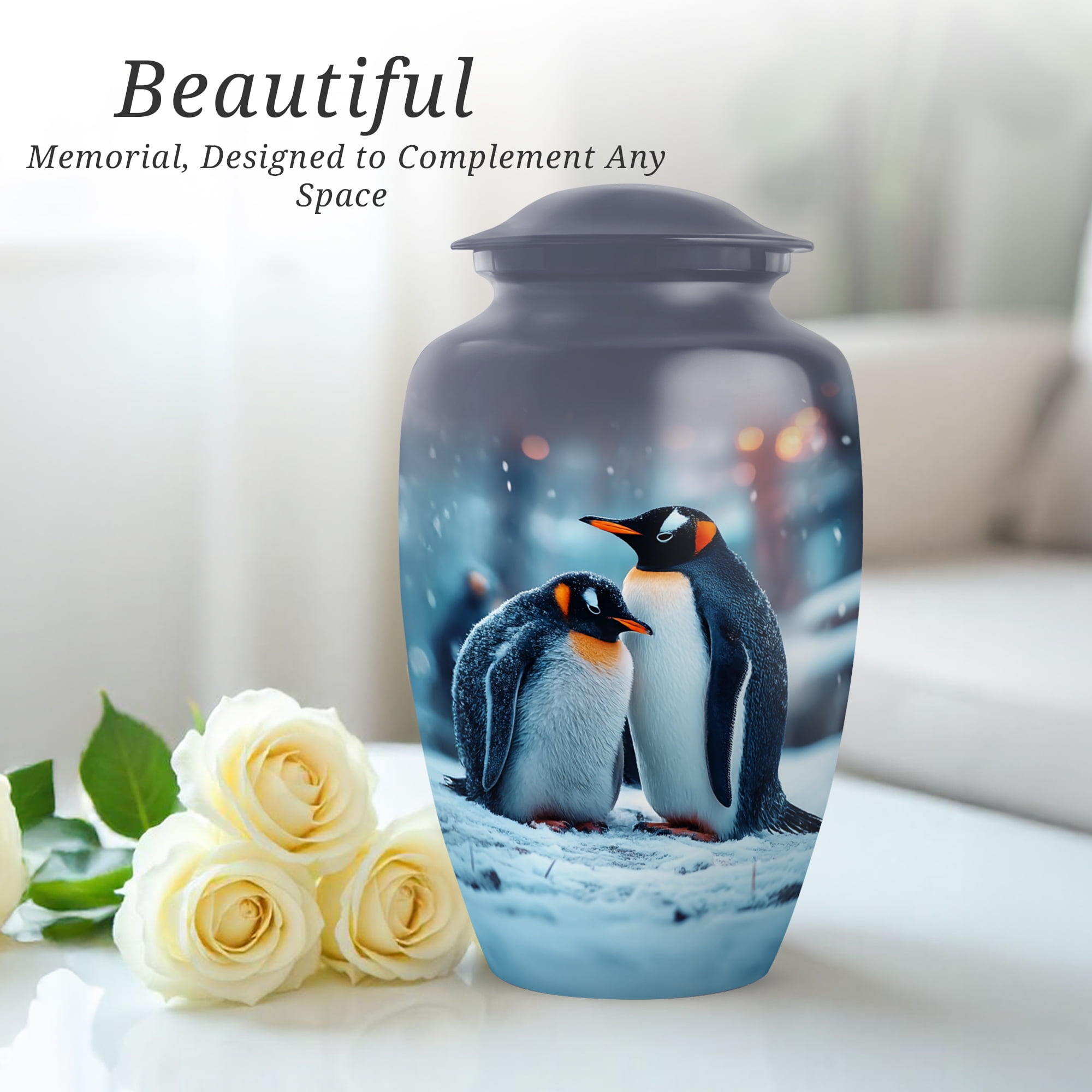 Penguins Cremation Urns For Human Ashes Adult Female Mom, Blue Urns For Human Ashes Man And Woman, Funeral Urn For Adults Male, Large Decorative Urn For Brother, 10 Inch