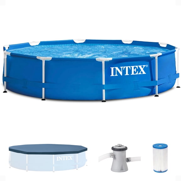 INTEX Metal Frame 10' x 30" Outdoor Swimming Pool with Filter Pump & Cover