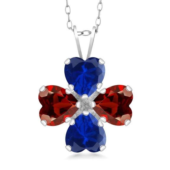 Gem Stone King 925 Sterling Silver Blue Created Sapphire and Red Garnet 4 Heart Shape Gemstone September Birthstone Pendant Necklace for Women (3.72 Cttw, 6MM Heart, with 18 inch Silver Chain)