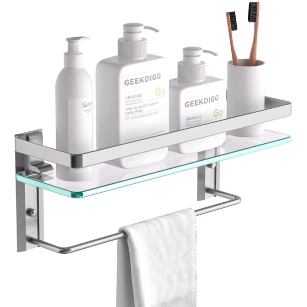 Glass Bathroom Shelf with Towel Bar, Tempered Glass Floating Glass