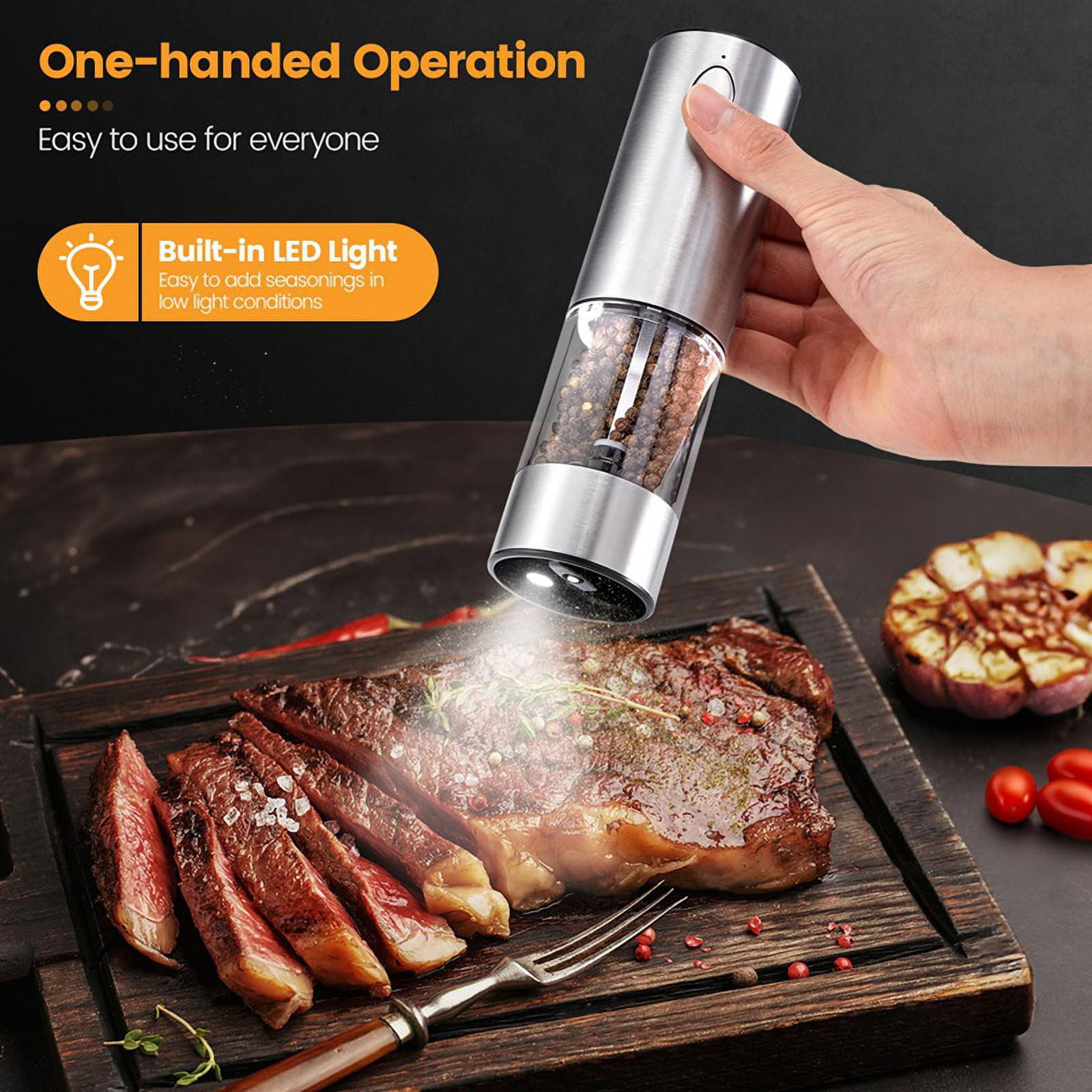 Electric Salt and Pepper Grinder Set - Automatic Rechargeable Salt/Pepper Grinder with Charging Base and LED Light