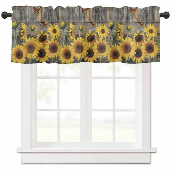 Sunflower Valances for Windows Farmhouse Kitchen Curtains Valances Rod Pocket Valance Curtains for Windows Spring Yellow Floral Rustic Butterfly Wood Grain Window Valances for Bathroom 42"x12"