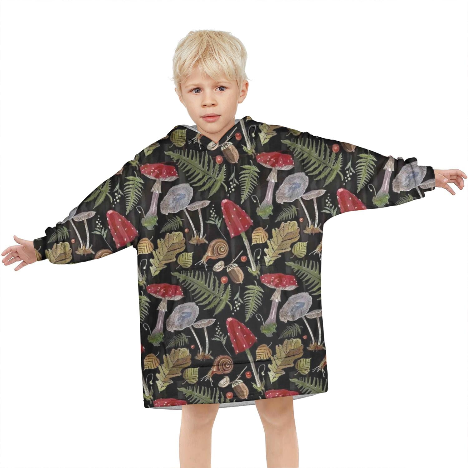 Red Mushroom Fern Black Pattern Blanket Hoodies for Kids 6-13YR Oversize Wearable Blanket Hoodies for Boys Girls Teens