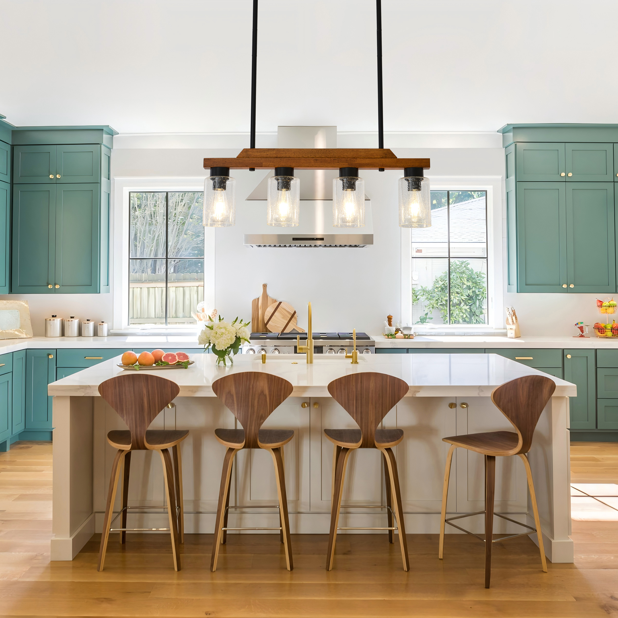 4-Light Farmhouse Pendant Light with Seed Glass Shades, Adjustable Height Kitchen Island Lighting, Linear Chandelier for Dining Room, Bar