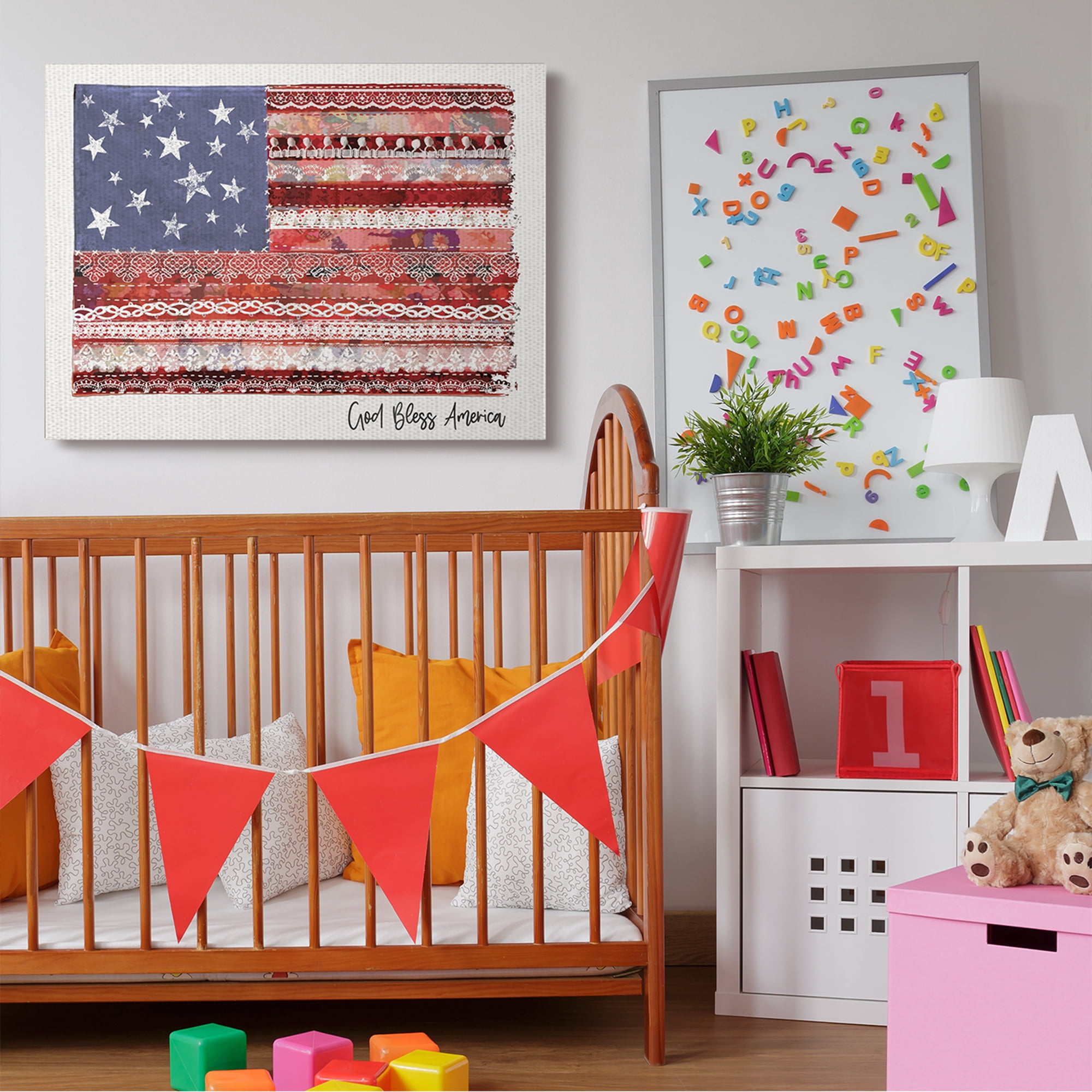 Stupell Industries God Bless America Phrase Macramé Pattern Flag,36 x 48,Designed by Erica Billups