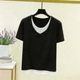 thumbnail image 2 of XPMWRP Women's Ribbed Knit T-Shirts V Neck Short Sleeve Layered Loose Fit Casual Fashion Tee Black M, 2 of 5
