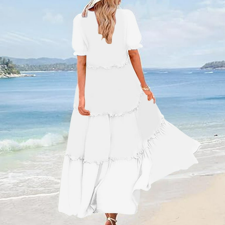 Flowy Dresses For Women Sevevn Women 2025 Summer Crewneck Ruffle Sleeve  Midi Dress Casual Polka Dot Boho Long Dress Beach Sundress Womens Dresses  Spring - Walmart.com