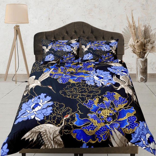 Juego de Funda Nórdica Azul Estampados Florales, Arte Japonés Crane Bird Dorm Bedding Set &