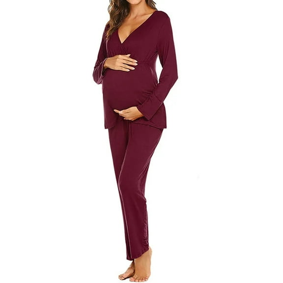Hvyesh Women's Maternity Nursing Pajamas Set Nursing Pjs Pregnancy Set Breastfeeding Sleepwear V Neck Long Sleeve Top & Pants 2PCS Postpartum Pregnancy PJS S-2XL