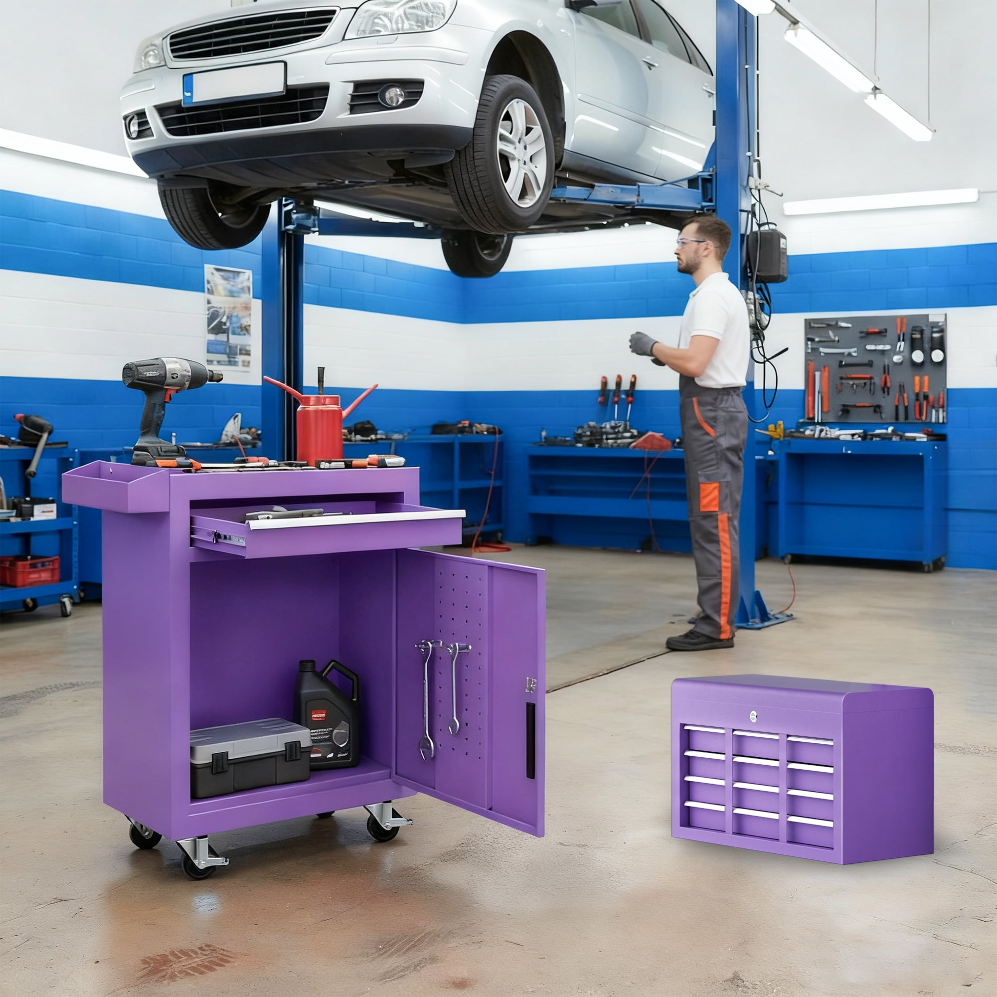 5-Drawer Tool Box, Enyopro Rolling Tool Chest, Stainless Steel Tool Box with Brake Wheels and 4 Drawers, Detachable Tool Cart, Purple