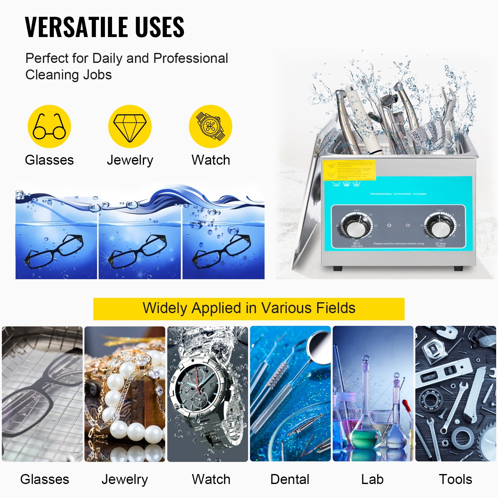 VEVORbrand Knob Ultrasonic Cleaner 3L 40kHz Ultrasonic Cleaning Machine Knob Control 304 Stainless Steel Ultrasonic Cleaner Machine with Heater & Timer for Cleaning Jewelry Eyeglasses Watches