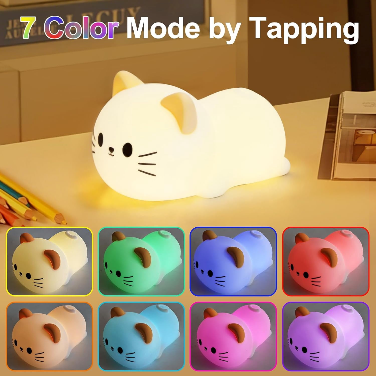 Cat Night Light & Lamp for Baby Nursery - Soft Lying Kitty Nightlight, Dimmable and 7 RGB Colors, Switchable Animal Sound,Rechargeable BPA-Free,Good for Room Decor,Valentines Day, Holiday Gifts