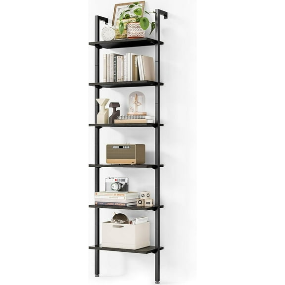 Ladder Shelf, 5 Tier Black Bookshelf, 72 Inch Wall Mounted Book Shelf with Metal Frame, Ladder Bookshelf Bookcase for Bedroom, Home Office and Living Room