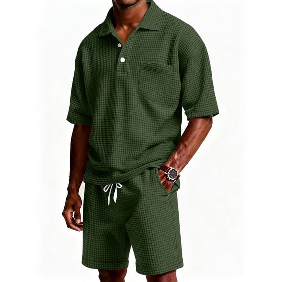 Mens Vacation Outfits Casual Button Down Polo Shirts and Shorts Set Waffle Knit Lounge Set Summer Jacquard Tracksuit Jogging Matching Sets