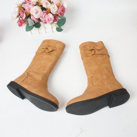 

Kids Girls Side Zip Leather Boots With Bow Design For Fall Winter New