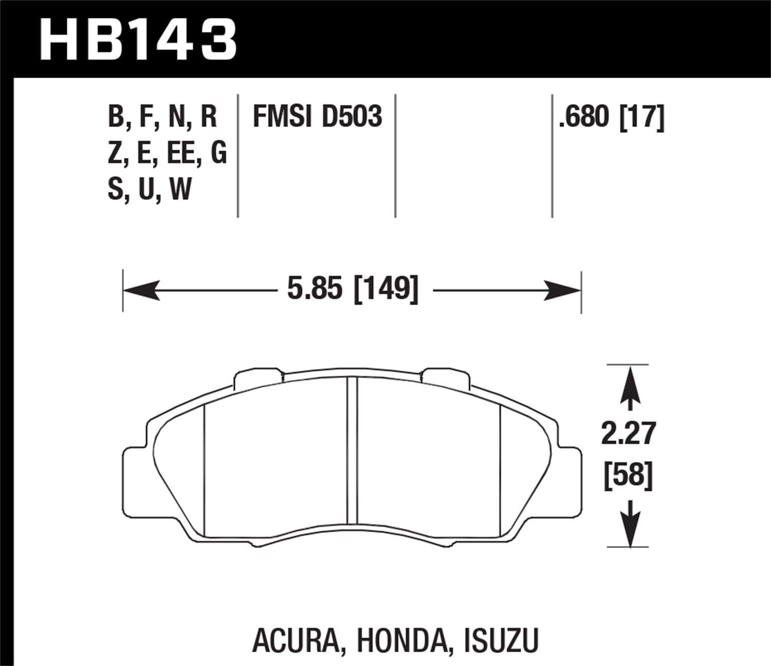 Street Front Brake Pads Hawk 97-01 Prelude HP HB143N.680