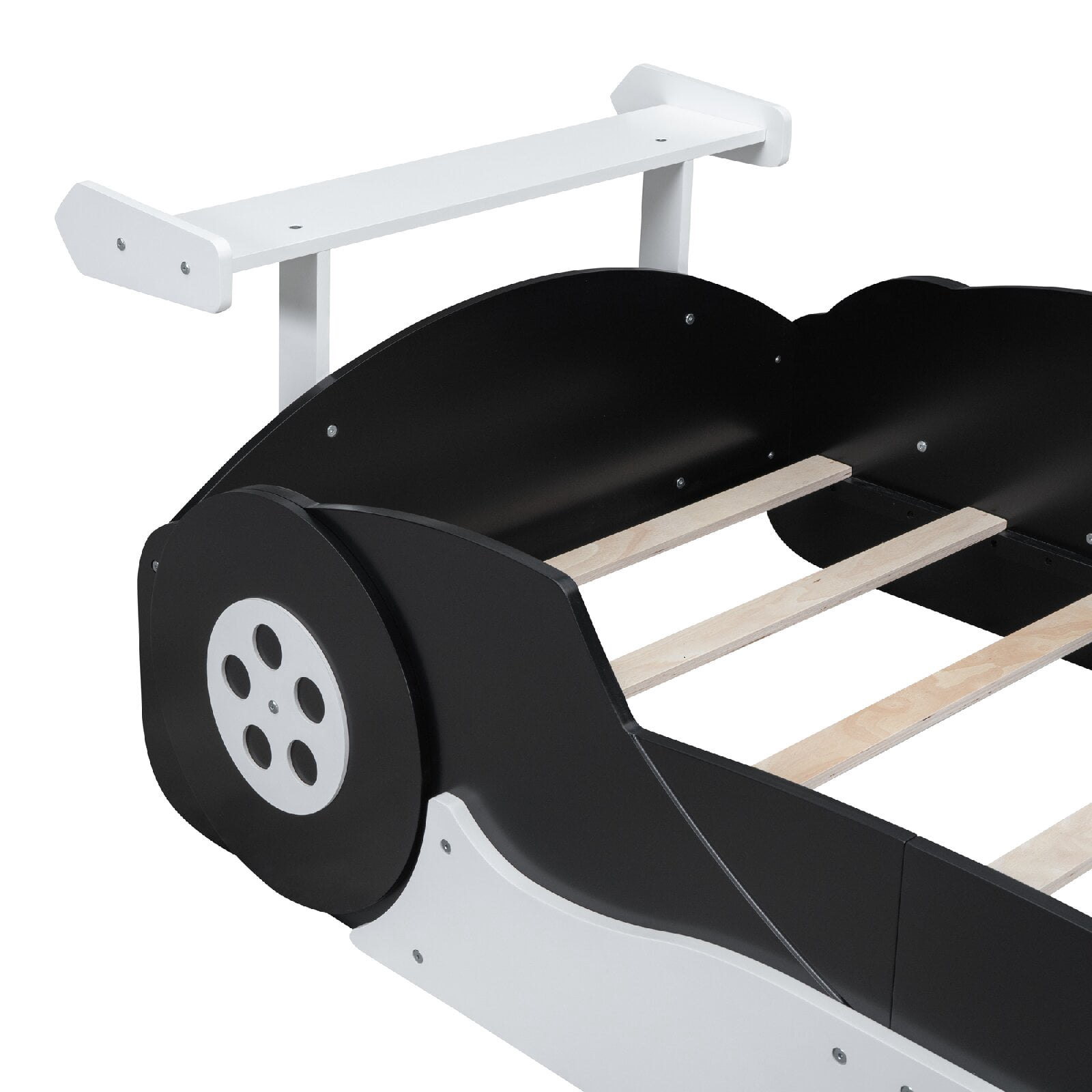 Twin Size Race Car-Shaped Platform Bed Frame with Wheels, Wooden Car Shaped Bed for Bedroom, Apartment, Easy Assembly, No Box Spring Needed, Mattress Not Included, Black