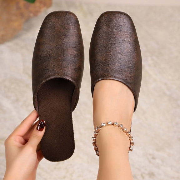 Womens Flat Mules Slip On Square Toe Backless Loafers Comfortable Work Shoes Coffee,Size 40