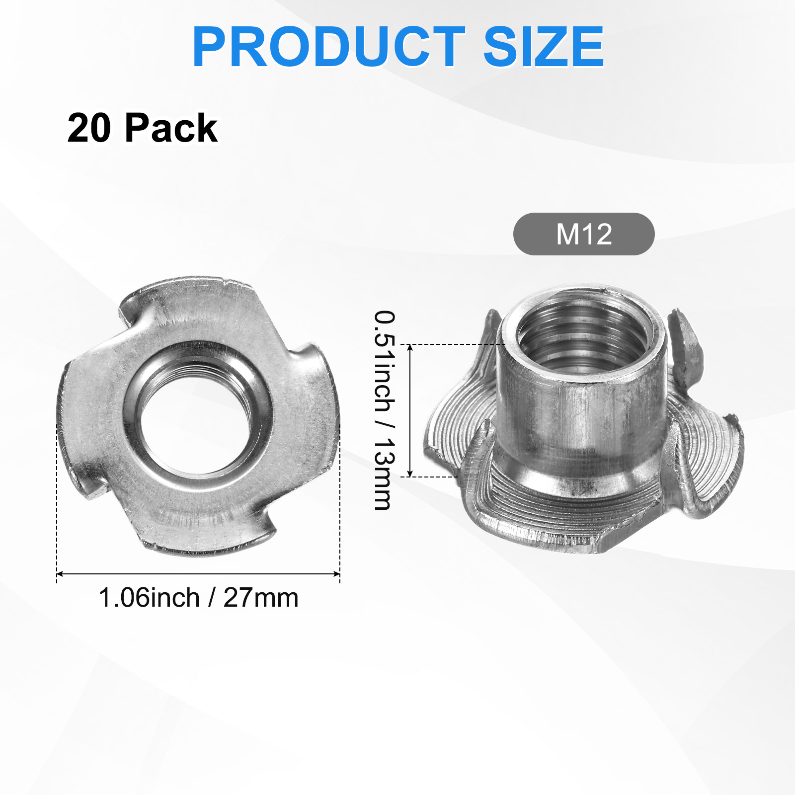 Uxcell 20-Pack M12x13mm T-nut, Stainless Steel 4-Pronged Tee Nut Threaded Insert Corrosion Resistant Fasteners