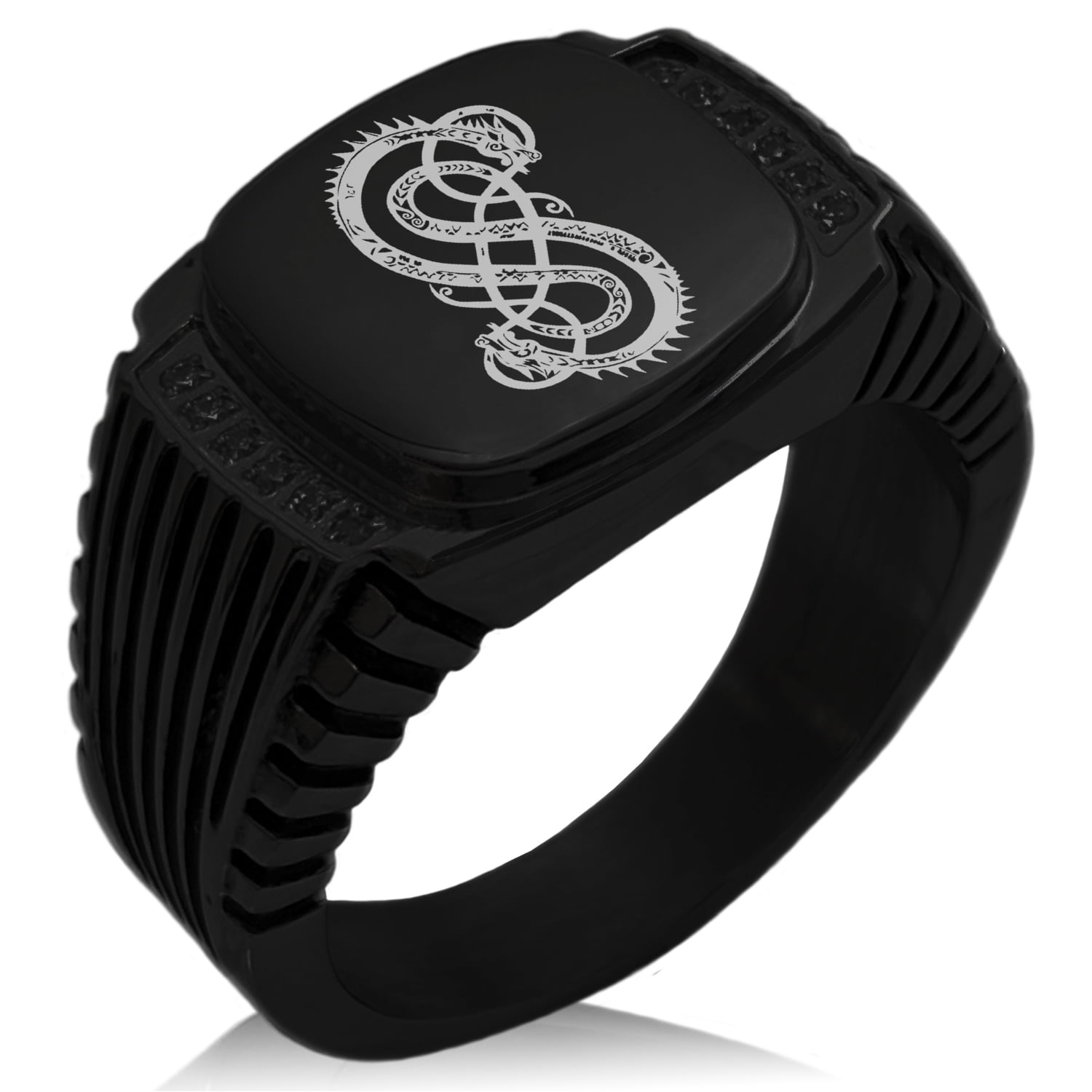 Stainless Steel God of Mischief Loki Viking Norse Hexagon Crest Flat Top Biker Style Polished Ring 