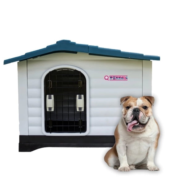 Casa Para Perro Q Perrón Raza Mediana Doble Acceso Techo Azul